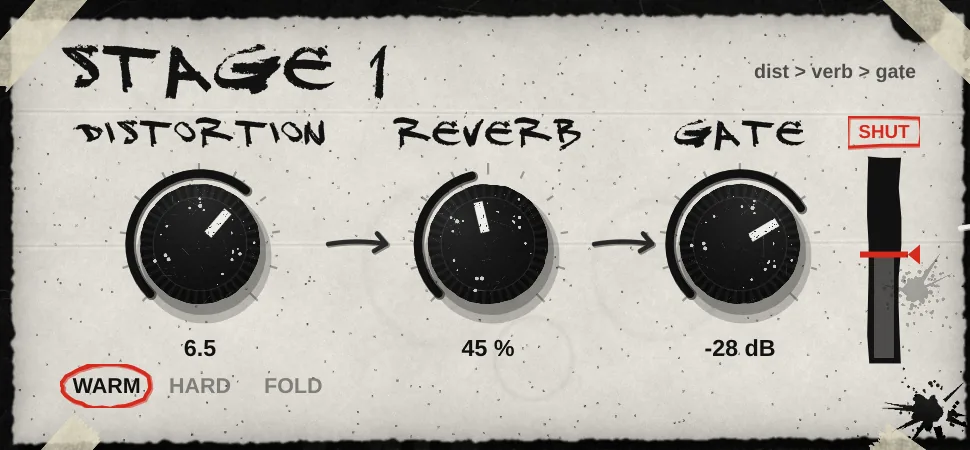 Stage 1 mit Distortion, Reverb und Gate